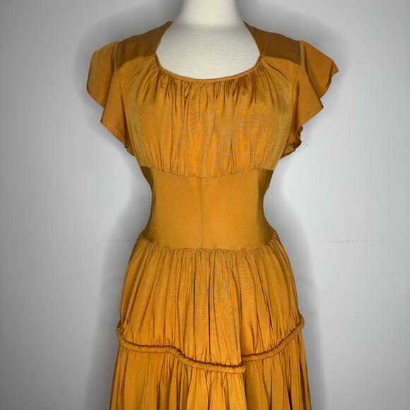 VINTAGE | 1930s 1940s Mustard Cold Rayon Ball Ruched Gown - Picture 2 of 11